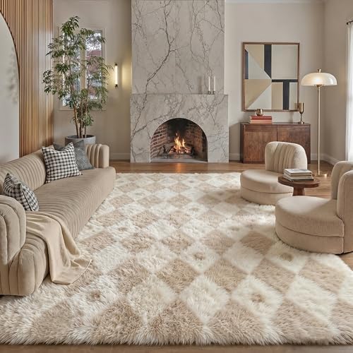 PureCozy Beige 8x10 Area Rug for Living Room Soft Checkered Shag Carpet by PureCozy
