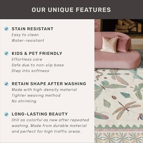 Insect Light Green 5ft Round Area Rug for Living Room - Washable Floral Fun Kids Rugs for Bedroom, Playroom, Boho & Butterfly Design - Low Pile Soft Circle Carpet - Image 6