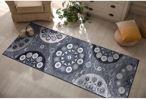 CAMILSON Runner Outdoor Rugs Oriental Retro Traditional Floral Medallion Area Rug 2x10 Non-Shedding Stain Resistant Indoor Carpet for Bathroom Hallway Kitchen Office (2 x 10 / Navy Blue) by CAMILSONIndoorOutdoorAreaRugs