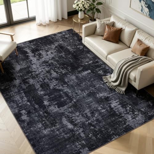 Sasttie 4x6 Washable Area Rug, Modern Abstract Carpet, Black & Grey by SASTTIE