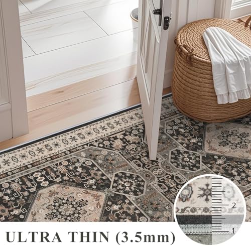 Kitchen Runner Rug 4x12 Washable - Wide Vintage Hallway Entryway Rugs with Non Slip Backing Indoor Stain Resistant Thin Carpet for Living Room Bedroom Ultra Soft Home Decor Floor Mat 4'x12' Black - Image 6