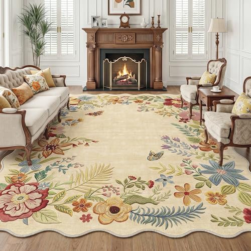 FMFUNCTEX 7x10 Washable Beige Floral Scalloped Area Rug for Living Room by Fmfunctex