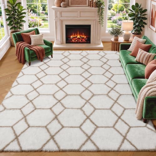 Area Rugs for Living Room, 7x10 Fluffy White and Beige Modern Bedroom Rug by ONASAR