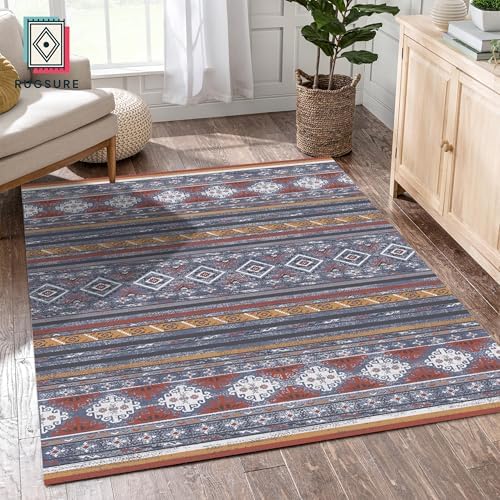 RUGSURE Washable Area Rugs 5' x 7' - 1/6 Thick - Moroccan-Inspired -Stain & Water Resistant Non-Slip - Resistant Rug for Living Room, Bedroom, Nursery, Pet & Child Friendly (Blue and Red) - Image 3