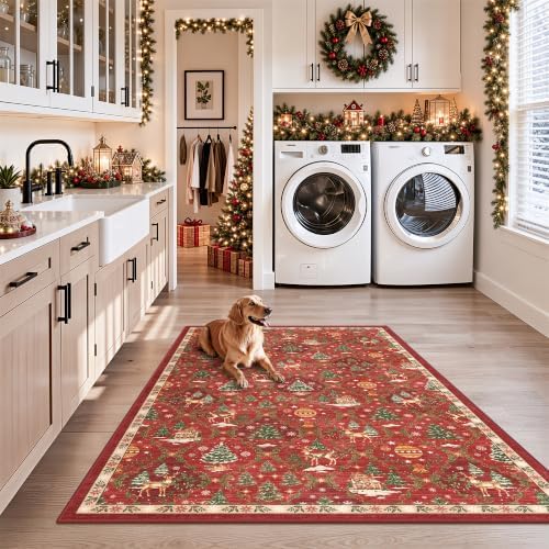 3x5 Christmas Non-Slip Area Rug, Red Washable Vintage Entryway Rug - Image 5