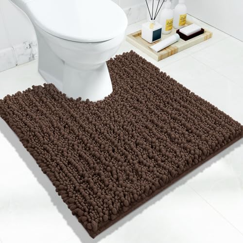 Yimobra Toilet Rug U Shaped Washable 24x24 Inch - Ultra Soft Absorbent Chenille Bath Rugs for Toilet, Quick Dry & Machine Washable, Non Slip Contour Bathroom Mat, Brown by Yimobra