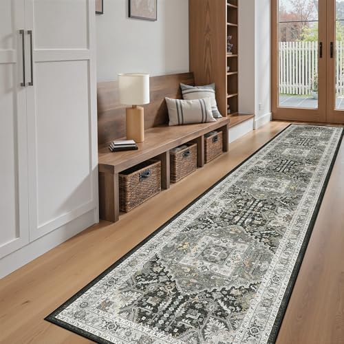Madane Washable Runner Rugs 2x12 for Hallway Kitchen Grey Green/Black Olive - Image 4