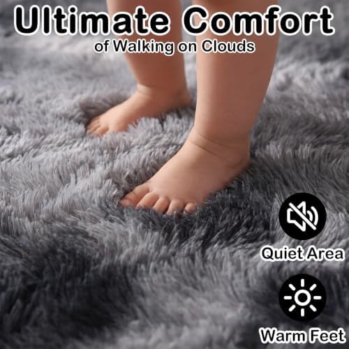 Abstract Rugs for Living Room Kids Room 5x8 Ft, Fluffy Shaggy Tie-Dyed Grey - Image 2