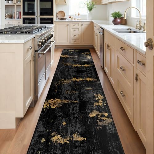 RELEANY Washable Runner 2'x8' Abstract Area Rug for Hallway Black Gold - Image 2