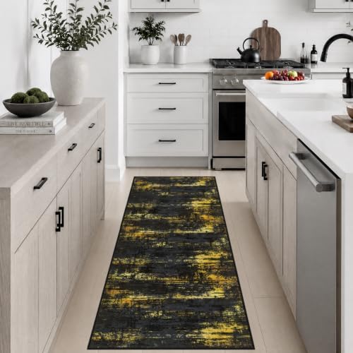 2x5 Washable Runner Rug：Modern Abstract Soft Carpet Black Gold by FXRHLP