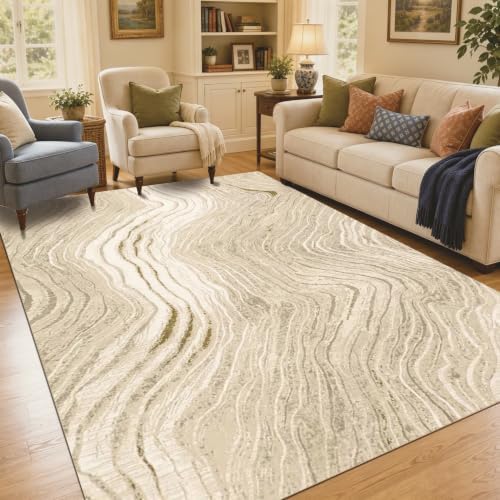 Flowing Gilded Veins 6x9 ft Cream Gold Area Rug for Living Room Dining by Unknown