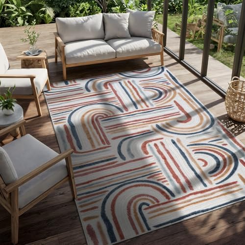 CAMILSON Indoor Outdoor Rug, Multicolor 10x14 Geometric Arch Striped Large Area Rugs for Patio and Home Areas, Easy-Cleaning Non-Shedding Living Room, Garden and Deck Washable Outside Carpet 10 x 14 - Image 4