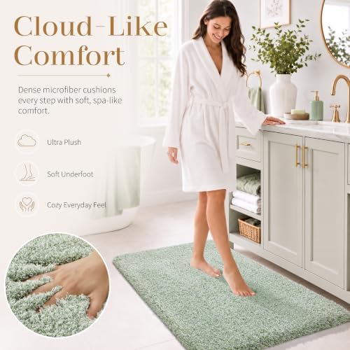 Yimobra Bathroom Rugs Non Slip Washable 36X24, Plush Bath Mat, Green&White - Image 4