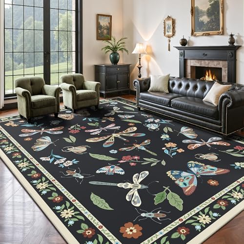 8x10 Area Rugs, Insect Ultra Soft Washable Rug Non Slip with Rubber Back, Stain Resistant Rugs for Living Room, Bedroom, Dining Room(Dark Black Butterfly) by Yarooge