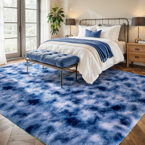 6x9 ft Fuzzy Rug for Living Room Soft Fluffy Blue White Bedroom Area Rugs Non-Slip Shaggy Carpet for Nursery Kids PlayRoom Dorm Office Indoor Modern Plush Carpets - Image 3