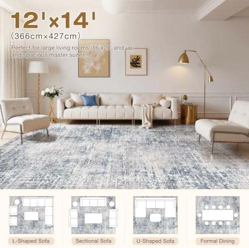 kakania Abstract 12x14 Area Rugs for Living Room: Washable Rugs Blue Grey - Image 2