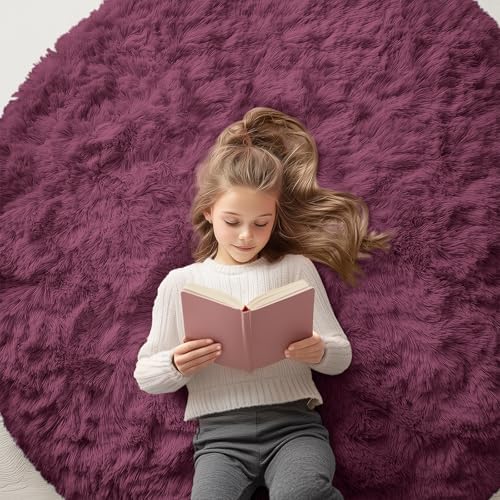 OLANLY Burgundy Round Rugs for Bedroom - Machine Washable, 5 ft Circle Area Rugs for Living Room, Soft and Fluffy Shaggy Carpet for Teen Girls and Boys, Nursery Rooms, Dorms, Home Decor Aesthetic by OLANLY