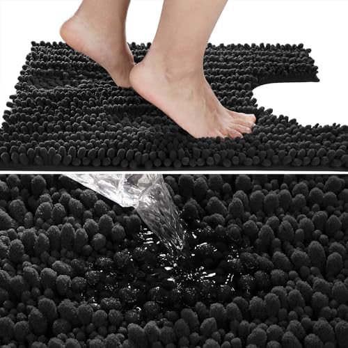 Yimobra Toilet Rug U Shaped Washable 24x24 Inch - Ultra Soft Absorbent Chenille Bath Rugs for Toilet, Quick Dry & Machine Washable, Non Slip Contour Bathroom Mat, Black - Image 3