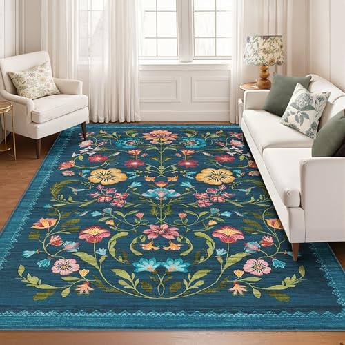 GarveeHome Washable Rug 8x10 Area Rugs for Living Room, Floral Rug for Bedroom, Soft Vintage Non Slip Throw Rugs with Rubber Back, Low Pile Stain Resistant Boho Floral Carpet for Dining Room, Blue by GarveeHome