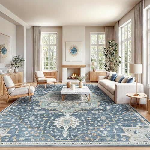 Amada Large 10x14 Washable Area Rug for Living Room, Blue/Yellow, Vintage by AMADAHOMEFURNISHING