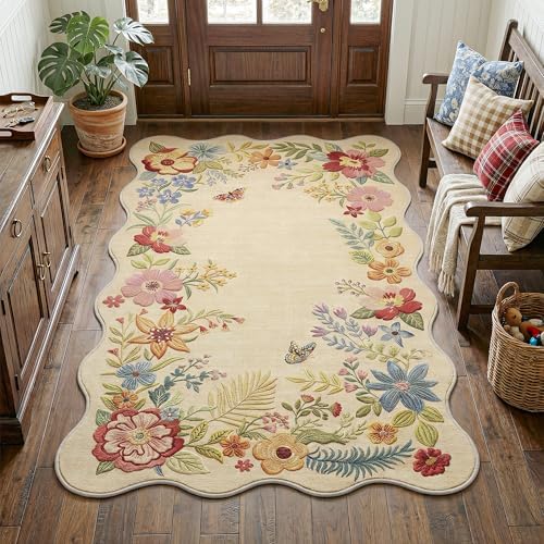 FMFUNCTEX 4x6 Washable Beige Floral Vintage Scalloped Area Rug for Entryway by Fmfunctex