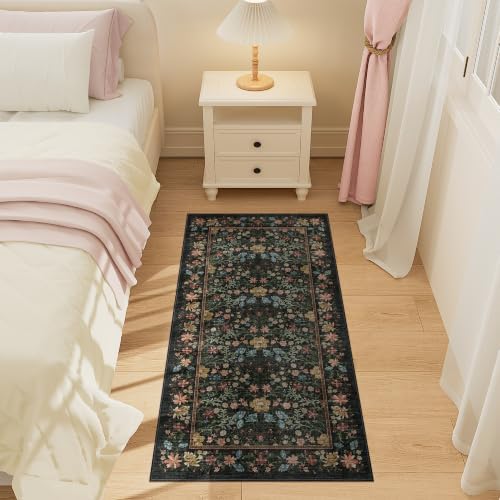 DUKINO 2x4 Rug, Washable Vintage Floral Bathroom Runner Rug, Black - Image 3