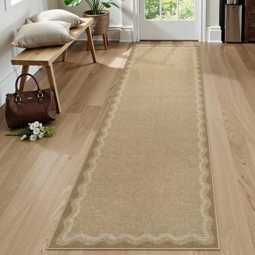 LIVEBOX Scalloped Washable 2x8 Kitchen Runner Rug, Easy Jute Geometric Tan Rug for Hallway Runner Entryway, Indoor Outdoor Non Slip Rugs Farmhouse Modern Carpet Door Mat for Porch Laundry Room by LIVEBOX