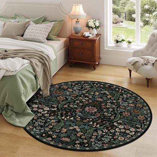 Round Rug 5ft Floral Circle Rug Black Botanical Indoor Area Rugs - Image 2