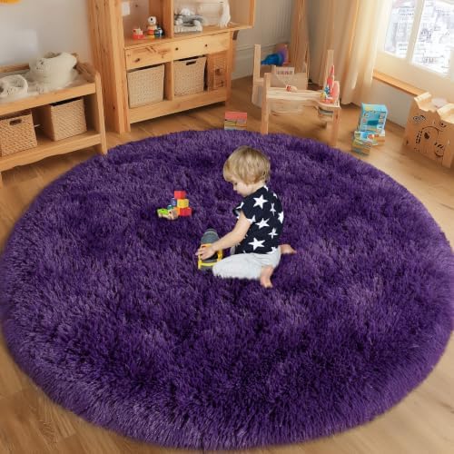 7ft Fluffy Dark Purple Round Rug for Bedroom Living Room, Washable Non-Slip - Image 5