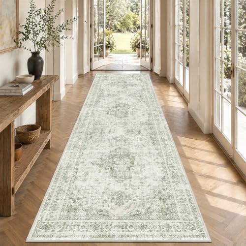 3x10 Washable Kitchen Runner Rug Soft Medallion Green Throw Carpet by HOME
