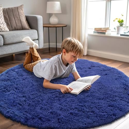 OLANLY Navy Blue Round Rugs for Bedroom - Machine Washable, 4 ft Circle Area Rugs for Living Room, Soft and Fluffy Shaggy Carpet for Teen Girls and Boys, Nursery Rooms, Dorms, Home Decor Aesthetic by OLANLY