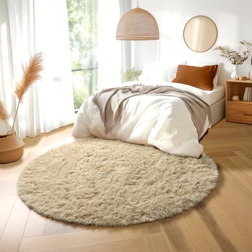 Amdrebio Beige Boho Round Circle Fluffy Area Rug 4Ft for Bedroom Nursery - Image 4