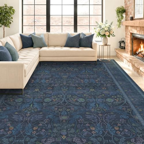 9x12 Vintage Big Floor Rugs for Living Room, Machine Washable Soft Dark Blue Rugs for Bedroom, Low Pile Carpet with Vintage & Boho Décor Floral and Botanical Pattern by Evyhood