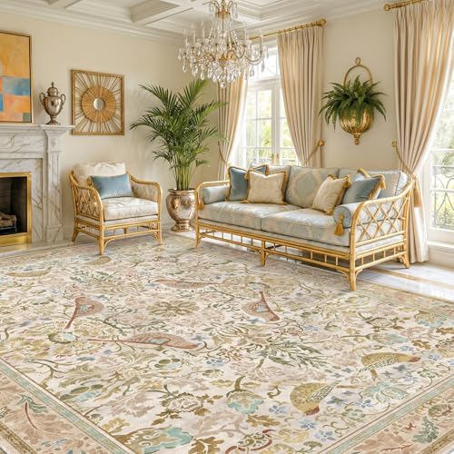 Washable Living Room Rug 8x10 - Country Style Beige Floral Area Rugs for Bedroom Under Bed, Dining Room Table Rug, Stain Resistant Non-Slip Neutral Farmhouse Décor with Light Blue and Green Accent by HazoHaus