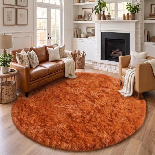 Amdrebio Burnt Orange Shag Plush Big Round Rug 6Ft for Bedroom Living Room - Image 3