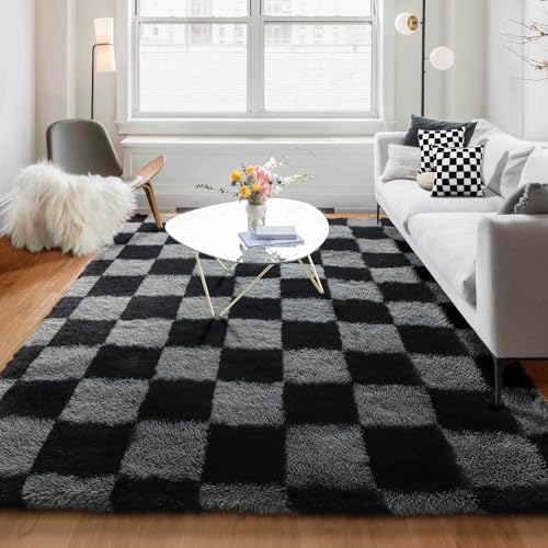 KICMOR Rugs for Living Room 5x7 Black and Grey, Soft Fluffy Checkered Shag Area Rug Furry Shaggy Floor Carpets for Bedroom, Indoor Fuzzy Plush Rug for Teen Kids Boys Girls Room Nursery Home Decor - Image 5
