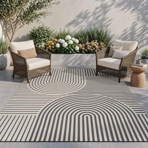 AMOAMI Outdoor Rug Patio Rug 6x9 ft Quick Dry Flatweave Textured Machine Washable Outdoor Carpet with Rubber Particles Backing Boho Outdoor Area Rug for Patio Deck Front Porch Balcony Greyish Black by AMOAMI