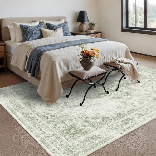 6x9 Washable Bedroom Area Rug Non-Slip Medallion Green Large Carpet - Image 3