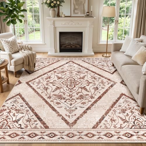 5x7Ft Boho Washable Area Rugs for Living Room, Light Brown Thin Bedroom Rugs Non Slip, Moroccan Soft Kids Nusery Area Floor Carpets for Dining Room Playroom Kitchen Farmhouse Decor by Geanlod