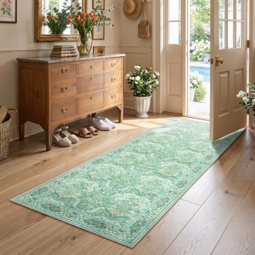 Lahome Floral Washable Kitchen Runner Rug, 2x6 Runners for Hallways Non Slip Ultra-Thin, Boho Soft Hallway Rug Forest Green Carpet for Bedroom Bathroom Laundry Room Giverny, Sage Green by Lahome