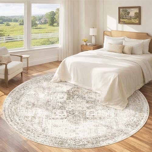 Round Rugs 6ft Washable Rug, Vintage Boho Medallion Rugs Non-Slip Soft Low Pile Circle Distressed Rug Indoor Retro Carpet for Living Room Bedroom Dining Room Home Office (Taupe, 6' Round) - Image 3