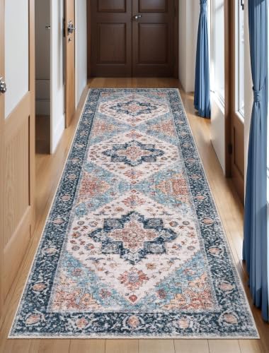 SERISSA 2'6"x8' Washable Non Slip Boho Runner Rug for Hallway，Blue Orange by SERISSAHomeDecorCollection