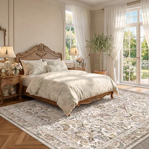 Vintage Moss Green 8x10 Washable Area Rugs for Living Room - Soft Floral Rug for Bedroom, Dining Room, Light Brown Taupe Low Pile Stain Resistant Bird Floral Bird Carpet - Image 3