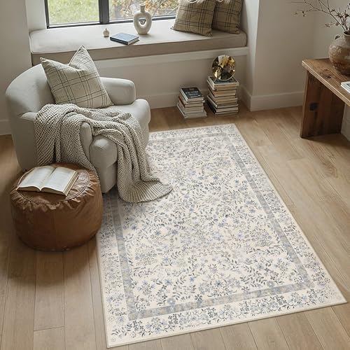 PureCozy 3x4 Blue Floral Small Area Rug Vintage Farmhouse Style by PureCozy