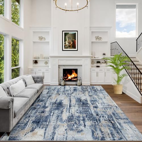 10x14 Area Rugs for Living Room: Washable Abstract Blue Gold Bedroom Carpet by GENTDRIZZ