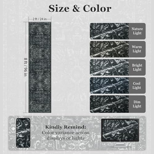 Black White 2x8 Kitchen Runner Rug, Washable Non Slip Hallway Entryway Runner Indoor, Low Pile Vintage Medallion Distressed Carpet Runners 8ft for Bedroom Bedside/Laundry Room/Bathroom - Image 2