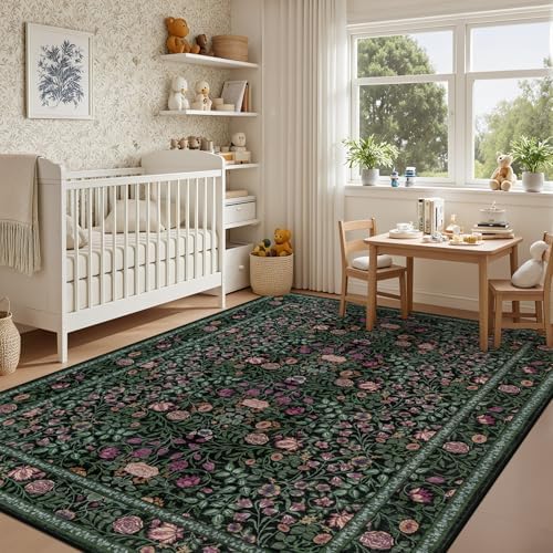 5x7 Area Rug Living Room: Soft Floral Washable Boho Carpet Green - Image 4