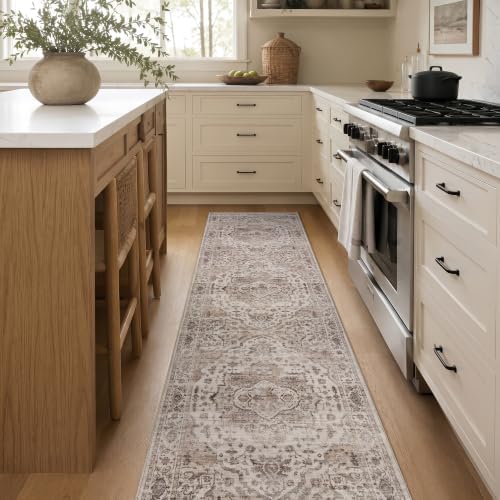 Rugshop Vintage Medallion Washable Non-Slip Runner Rug, 2'x12' Cream by Rugshop