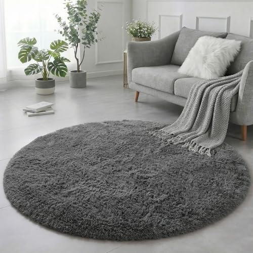 Amdrebio Grey Furry Big Round Area Rug 6Ft for Living Room Bedroom Playroom - Image 4