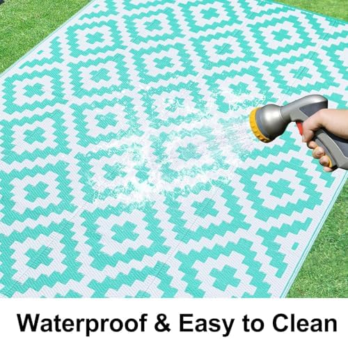 Smiry Outdoor Rug 9x18 ft Waterproof Reversible Boho Mat, White & Teal - Image 2